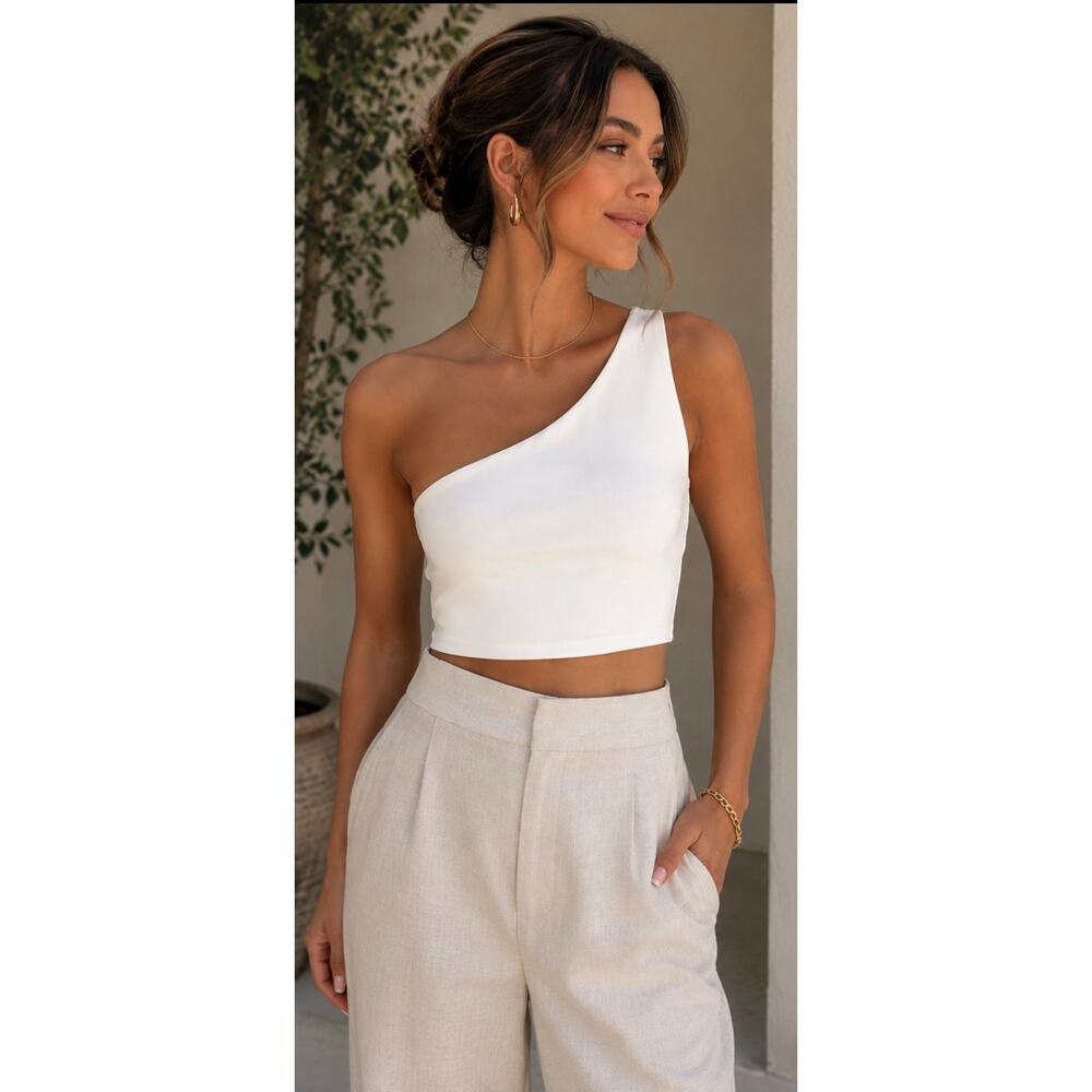 Lulus White One Shoulder Crop Top S Side Zip Asymmetrical Going Out Party NEW